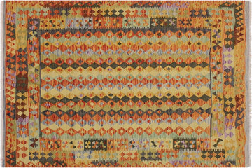 Flat Weave Kilim, Antique, Navaho, Vintage, Handmade, Geometric Kilim Rust Blue Hand-Woven Rectangle 100% Wool Area Rug 5 x 6